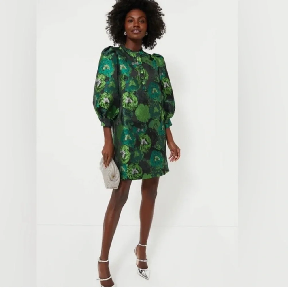 Chic jacquard elegant Green Floral Long Sleeve Dress New | Size M - Picture 4 of 5